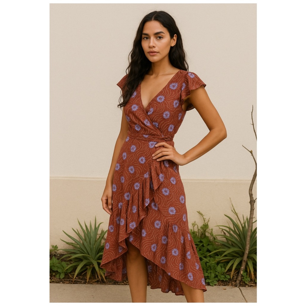 NWT Anthropologie Ruffle Sleeve Printed Wrap Maxi Dress Mauve XS